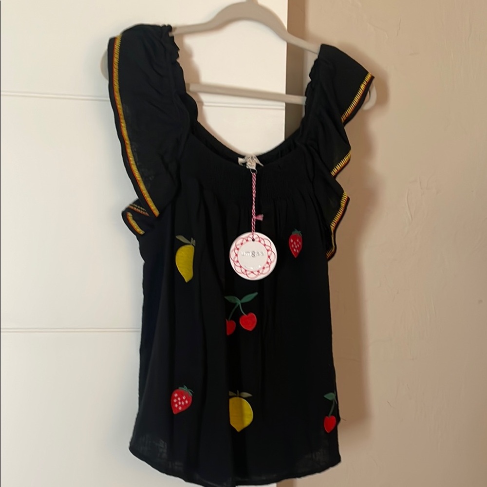 Black Ruffled Top with Fruit Embroidery